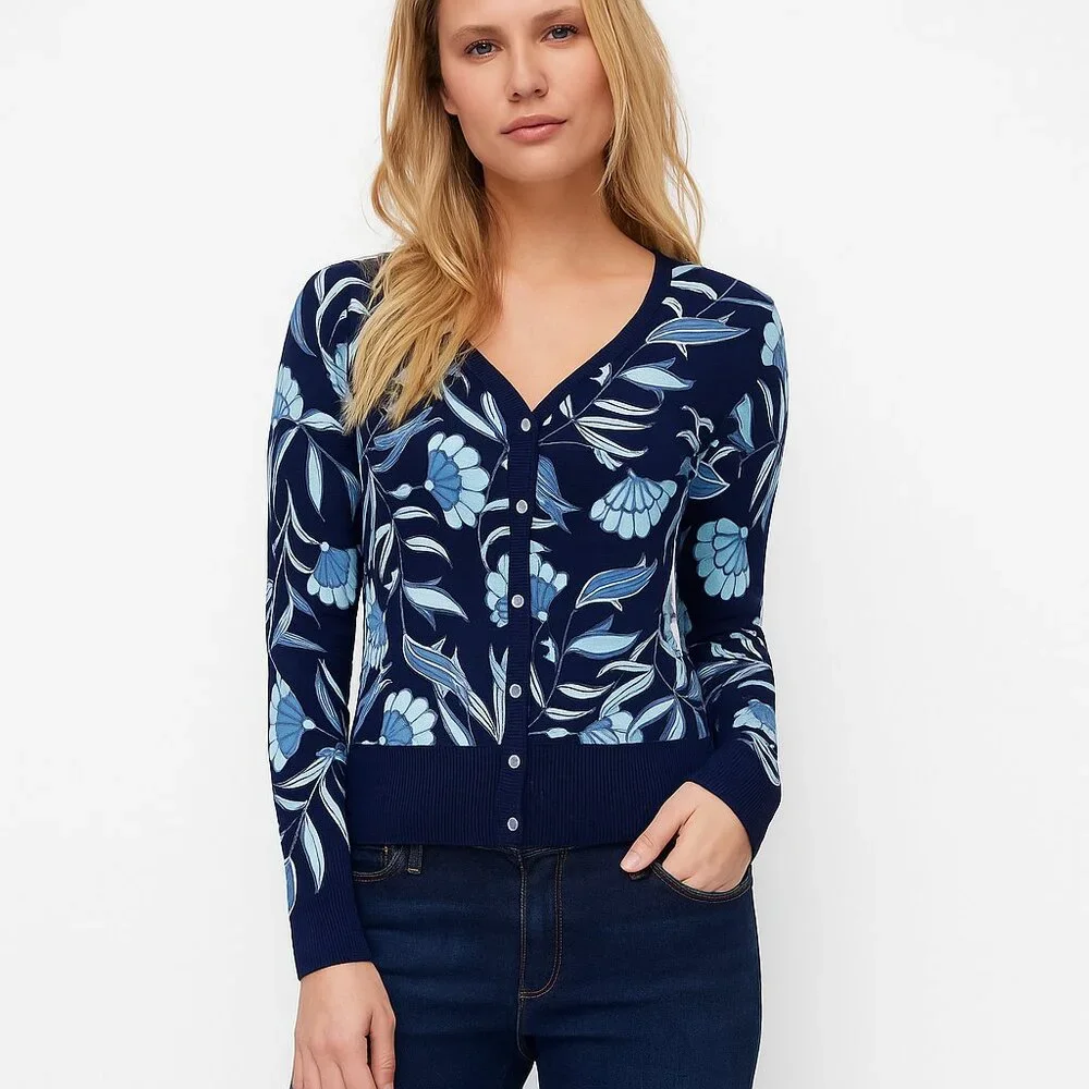 NWT White House Black Market Snap Cardigan Jacobean Bliss Twilight Navy #WHBM31
